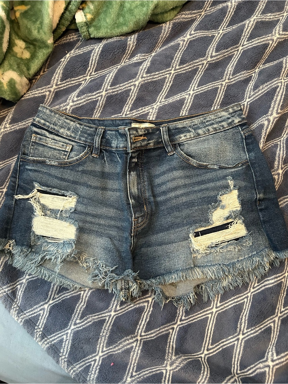KanCan Blue Distressed Denim Cutoff Shorts with Frayed Hem
